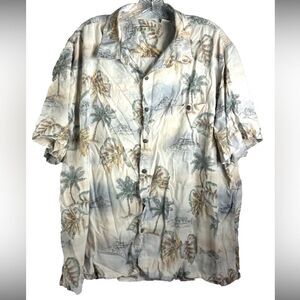 Batik Bay Button Up Hawaiian Shirt Mens XXL beige green Floral Short Sleeve Camp
